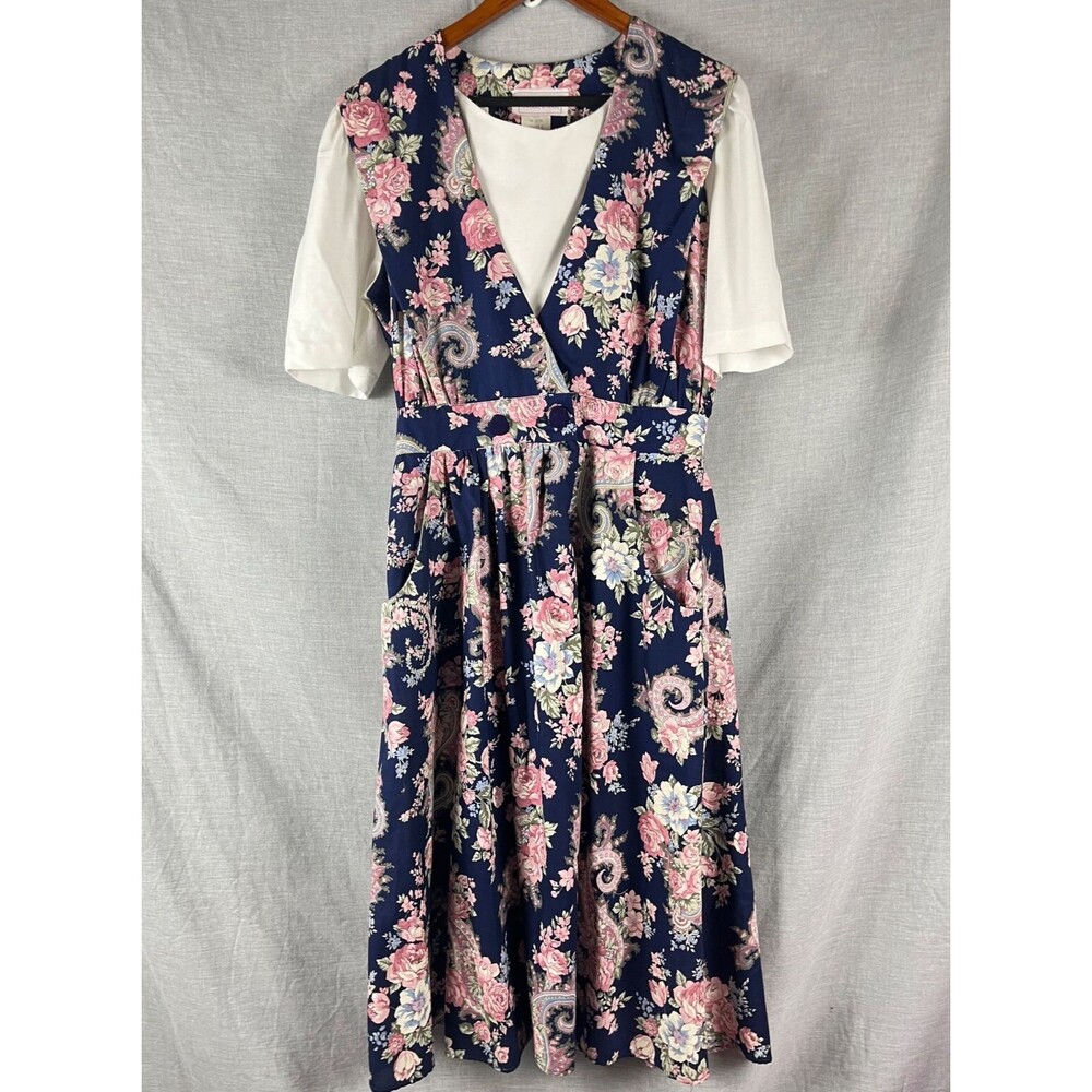 Vtg Sweet Miranda Dress Women's 14P Floral Underlay Bib Pockets Cottagecore